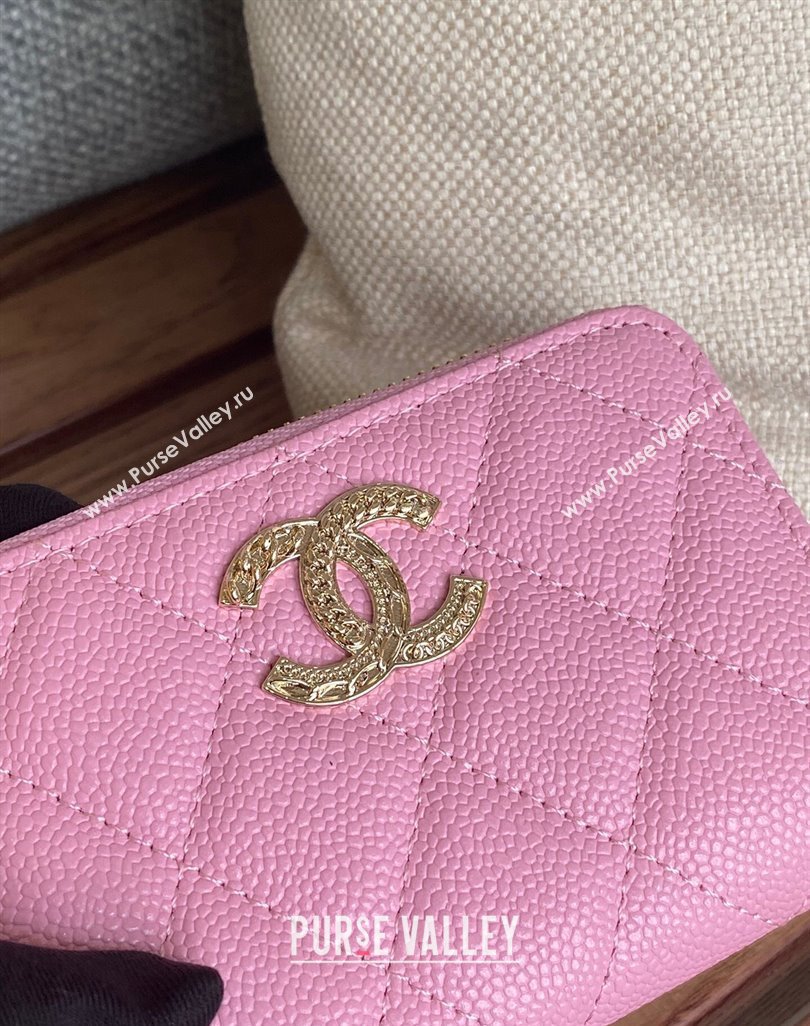 Chanel Gold-Tone Metal Logo Zip Card Holder AP3045 in Grained Calfskin Pink (keke-23101140)