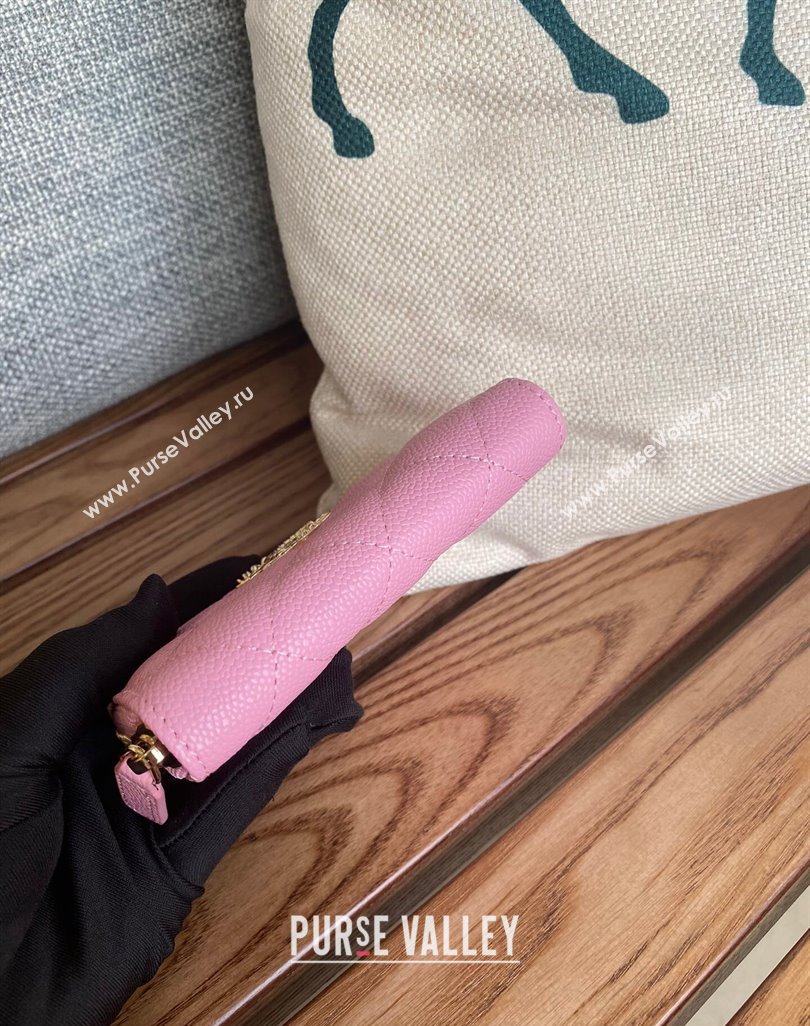 Chanel Gold-Tone Metal Logo Zip Card Holder AP3045 in Grained Calfskin Pink (keke-23101140)