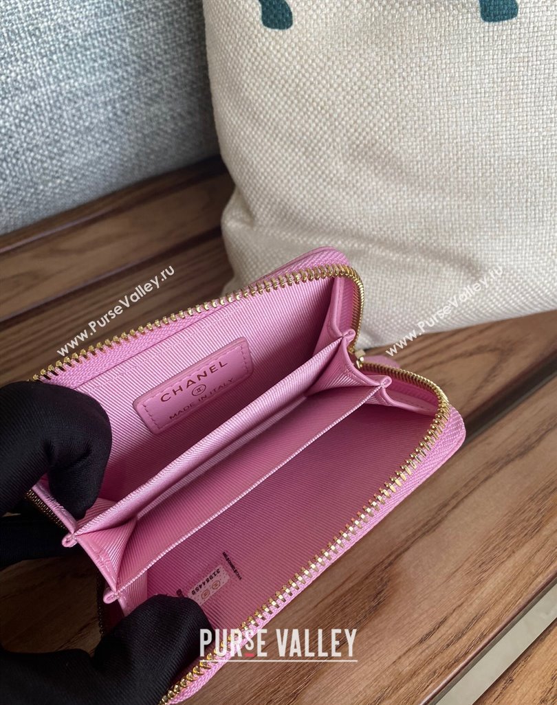 Chanel Gold-Tone Metal Logo Zip Card Holder AP3045 in Grained Calfskin Pink (keke-23101140)