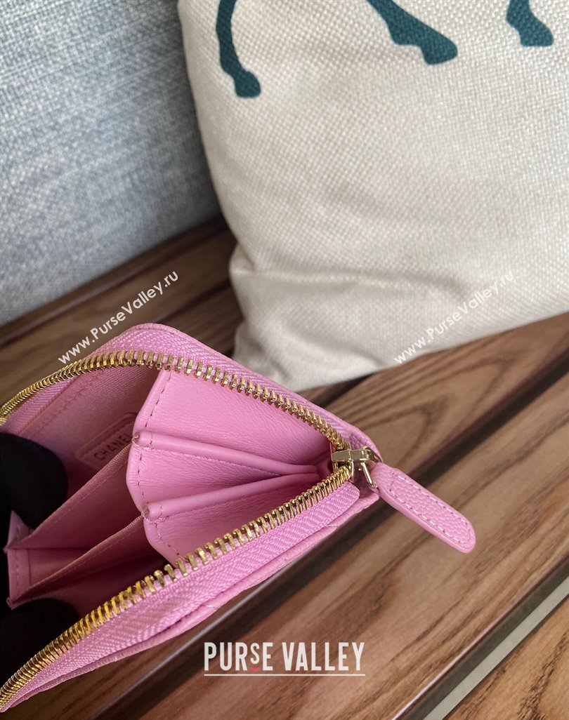 Chanel Gold-Tone Metal Logo Zip Card Holder AP3045 in Grained Calfskin Pink (keke-23101140)