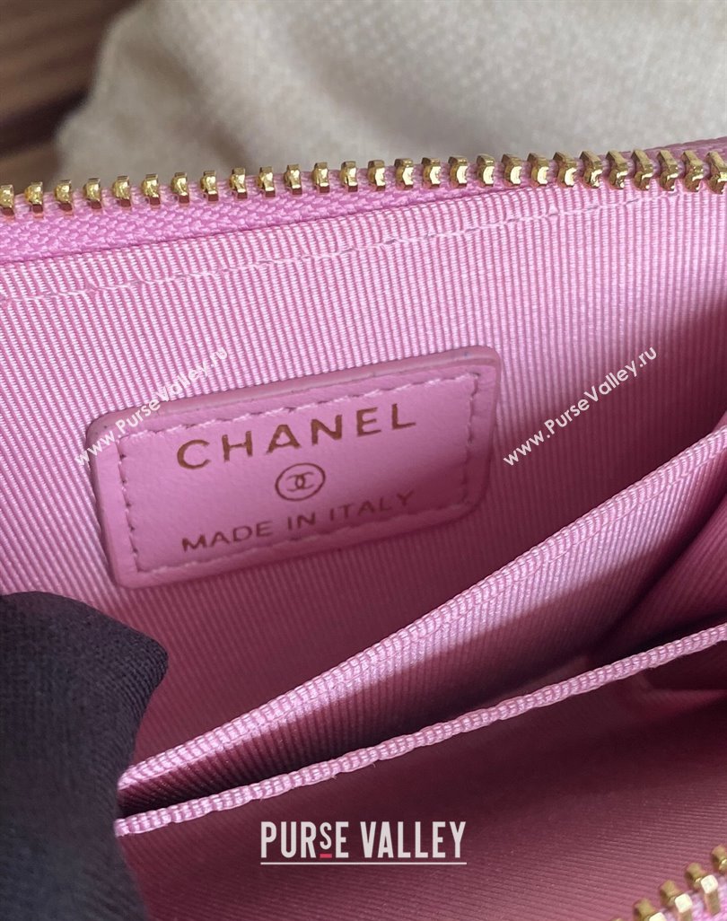 Chanel Gold-Tone Metal Logo Zip Card Holder AP3045 in Grained Calfskin Pink (keke-23101140)