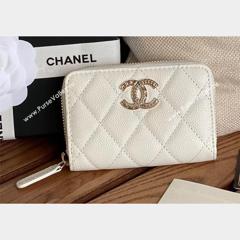 Chanel Gold-Tone Metal Logo Zip Card Holder AP3045 in Grained Calfskin White (keke-23101138)