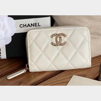 Chanel Gold-Tone Metal Logo Zip Card Holder AP3045 in Grained Calfskin White (keke-23101138)