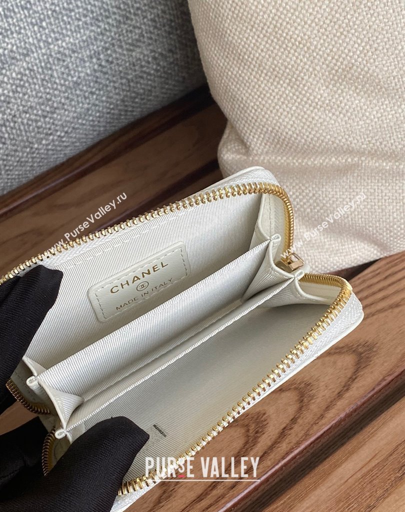 Chanel Gold-Tone Metal Logo Zip Card Holder AP3045 in Grained Calfskin White (keke-23101138)