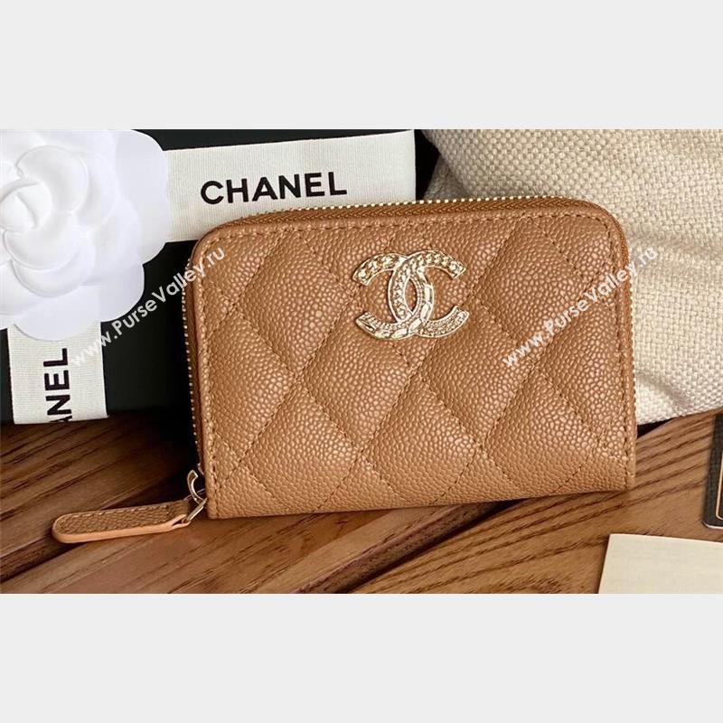 Chanel Gold-Tone Metal Logo Zip Card Holder AP3045 in Grained Calfskin Brown (keke-23101139)