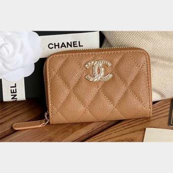Chanel Gold-Tone Metal Logo Zip Card Holder AP3045 in Grained Calfskin Brown (keke-23101139)