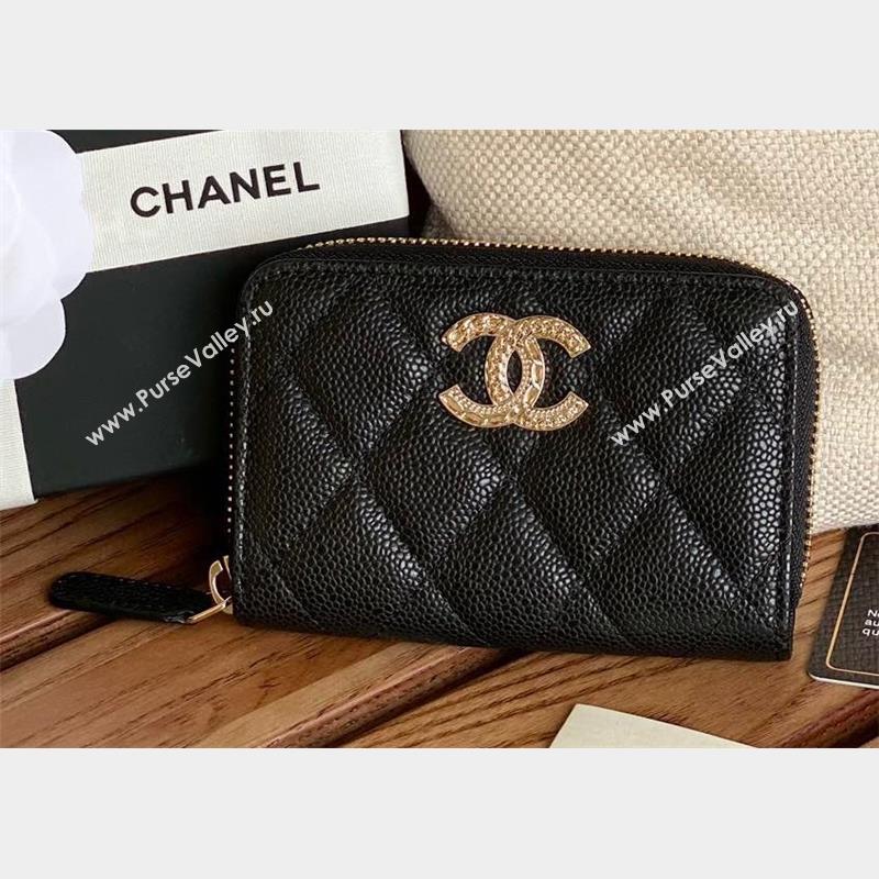 Chanel Gold-Tone Metal Logo Zip Card Holder AP3045 in Grained Calfskin Black (keke-23101137)