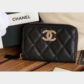 Chanel Gold-Tone Metal Logo Zip Card Holder AP3045 in Grained Calfskin Black (keke-23101137)