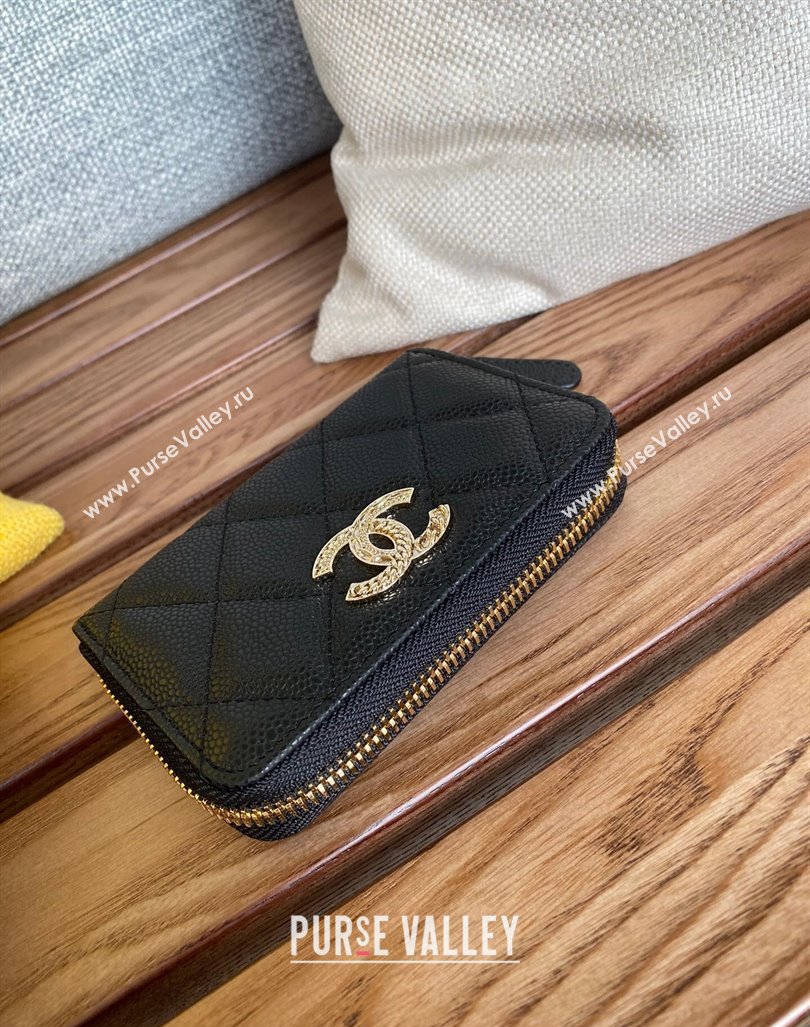 Chanel Gold-Tone Metal Logo Zip Card Holder AP3045 in Grained Calfskin Black (keke-23101137)