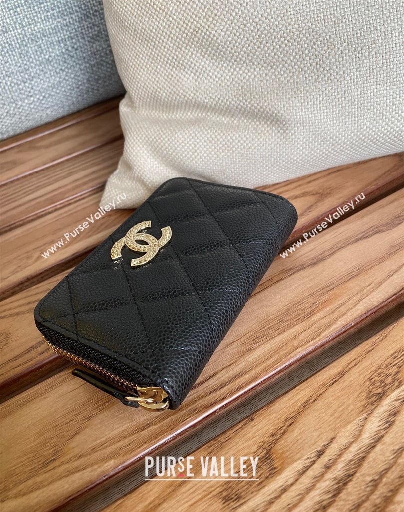 Chanel Gold-Tone Metal Logo Zip Card Holder AP3045 in Grained Calfskin Black (keke-23101137)