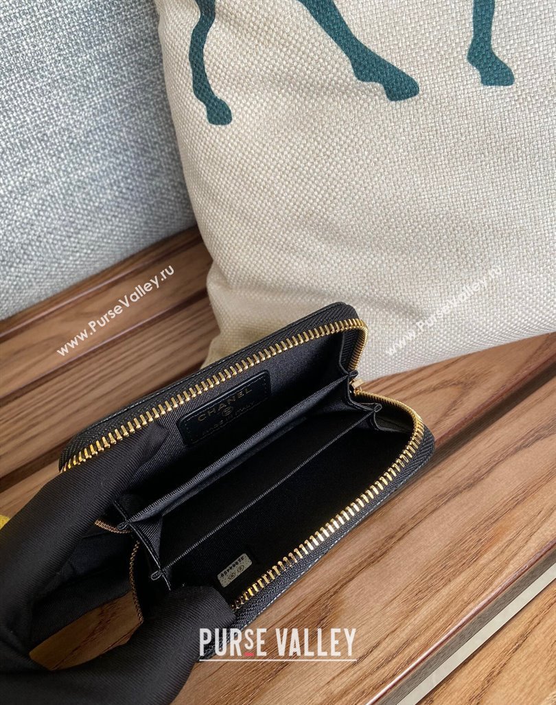 Chanel Gold-Tone Metal Logo Zip Card Holder AP3045 in Grained Calfskin Black (keke-23101137)