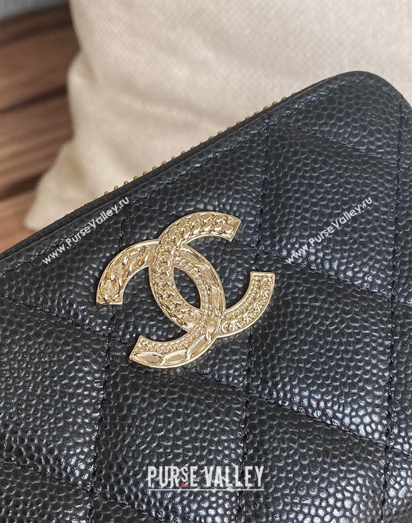 Chanel Gold-Tone Metal Logo Zip Card Holder AP3045 in Grained Calfskin Black (keke-23101137)