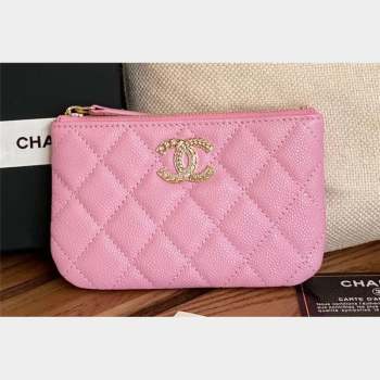 Chanel Gold-Tone Metal Logo Zip Card Holder AP3049 in Grained Calfskin Pink (keke-23101147)