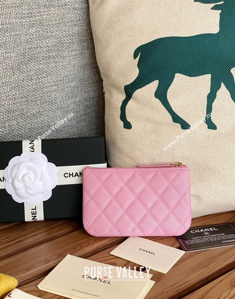 Chanel Gold-Tone Metal Logo Zip Card Holder AP3049 in Grained Calfskin Pink (keke-23101147)