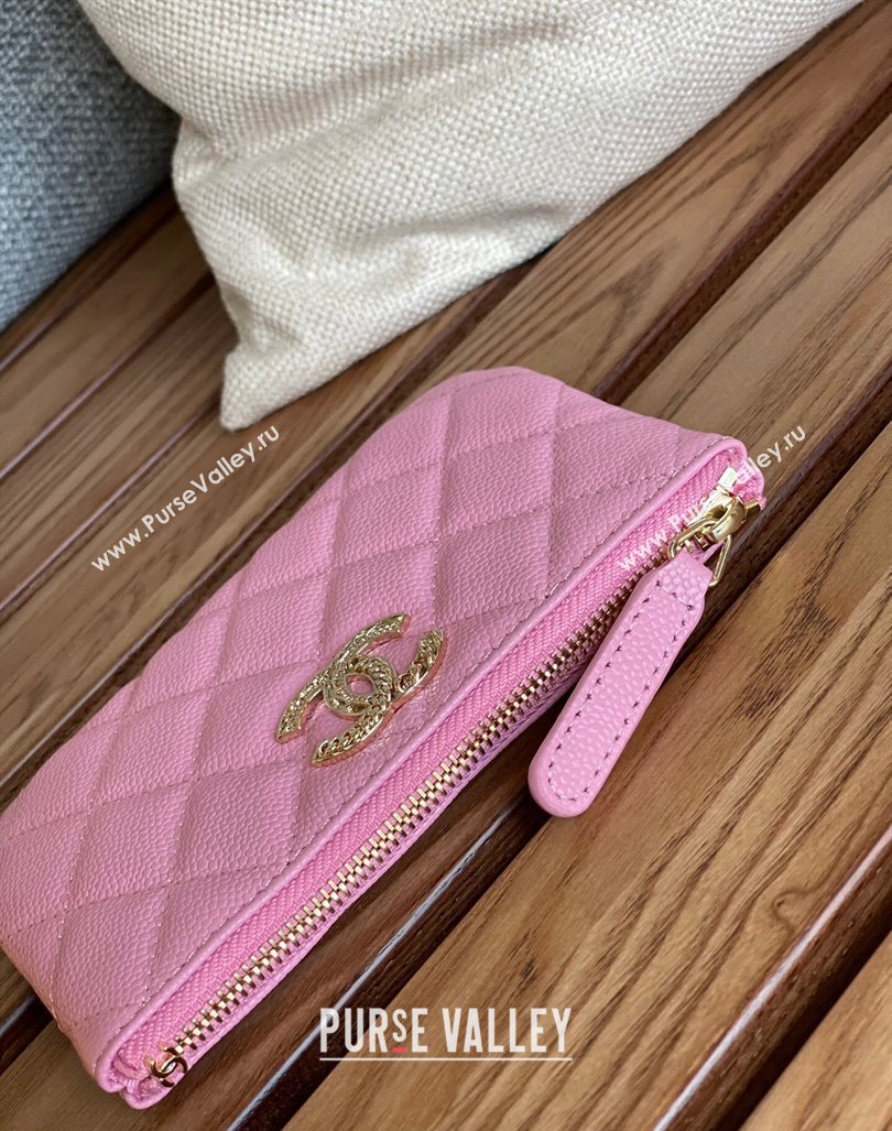 Chanel Gold-Tone Metal Logo Zip Card Holder AP3049 in Grained Calfskin Pink (keke-23101147)