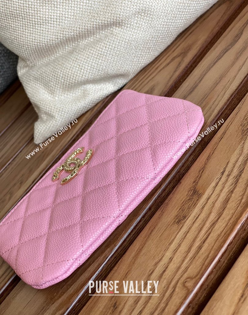 Chanel Gold-Tone Metal Logo Zip Card Holder AP3049 in Grained Calfskin Pink (keke-23101147)