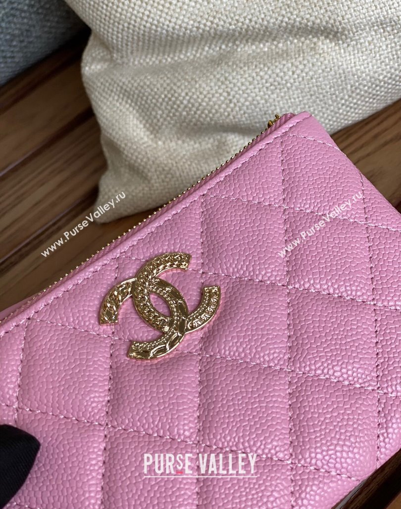 Chanel Gold-Tone Metal Logo Zip Card Holder AP3049 in Grained Calfskin Pink (keke-23101147)