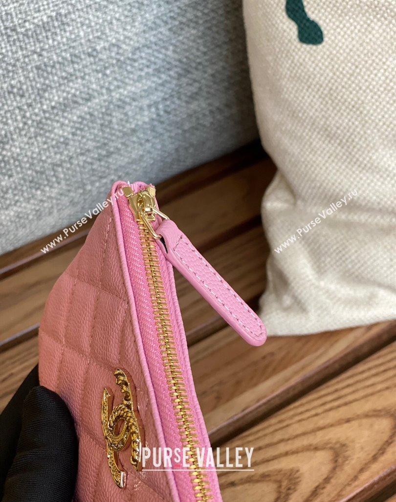 Chanel Gold-Tone Metal Logo Zip Card Holder AP3049 in Grained Calfskin Pink (keke-23101147)