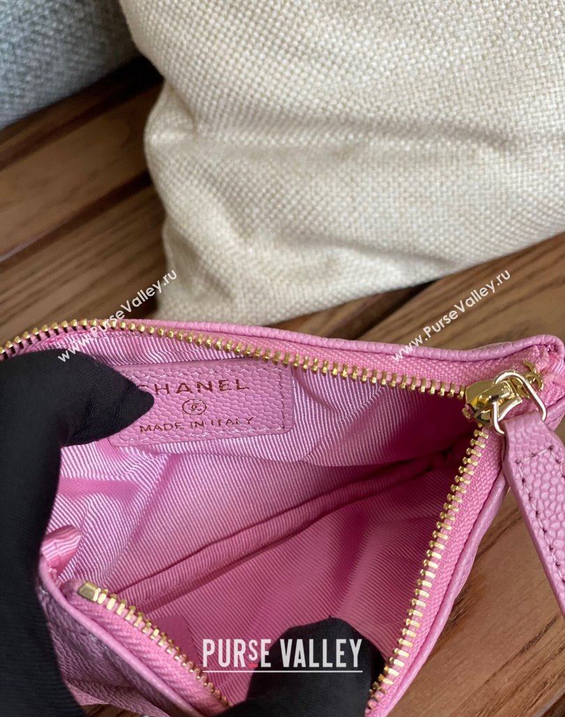 Chanel Gold-Tone Metal Logo Zip Card Holder AP3049 in Grained Calfskin Pink (keke-23101147)