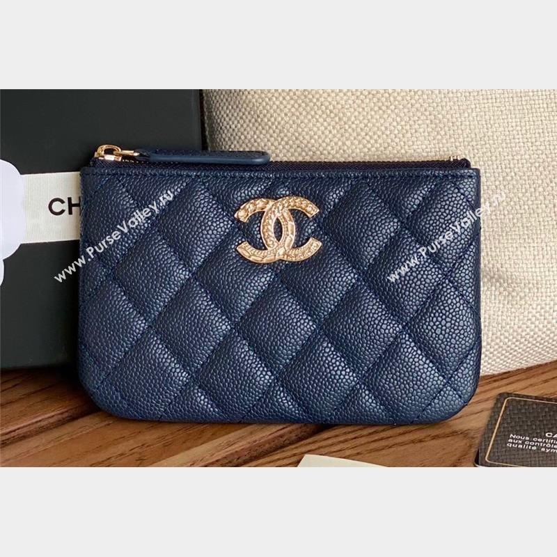 Chanel Gold-Tone Metal Logo Zip Card Holder AP3049 in Grained Calfskin Blue (keke-23101149)