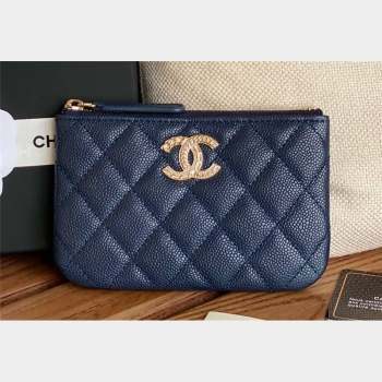 Chanel Gold-Tone Metal Logo Zip Card Holder AP3049 in Grained Calfskin Blue (keke-23101149)