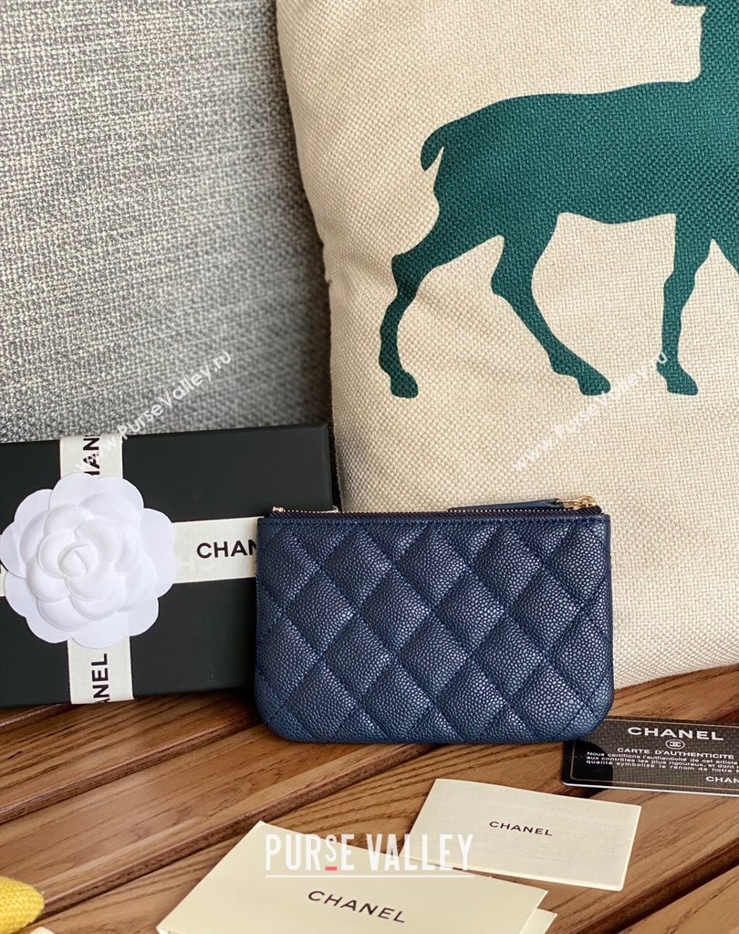 Chanel Gold-Tone Metal Logo Zip Card Holder AP3049 in Grained Calfskin Blue (keke-23101149)