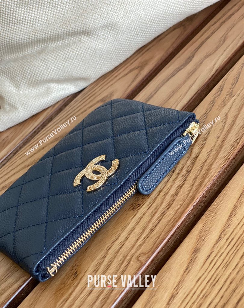 Chanel Gold-Tone Metal Logo Zip Card Holder AP3049 in Grained Calfskin Blue (keke-23101149)