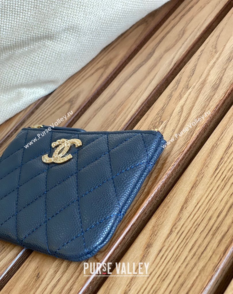 Chanel Gold-Tone Metal Logo Zip Card Holder AP3049 in Grained Calfskin Blue (keke-23101149)