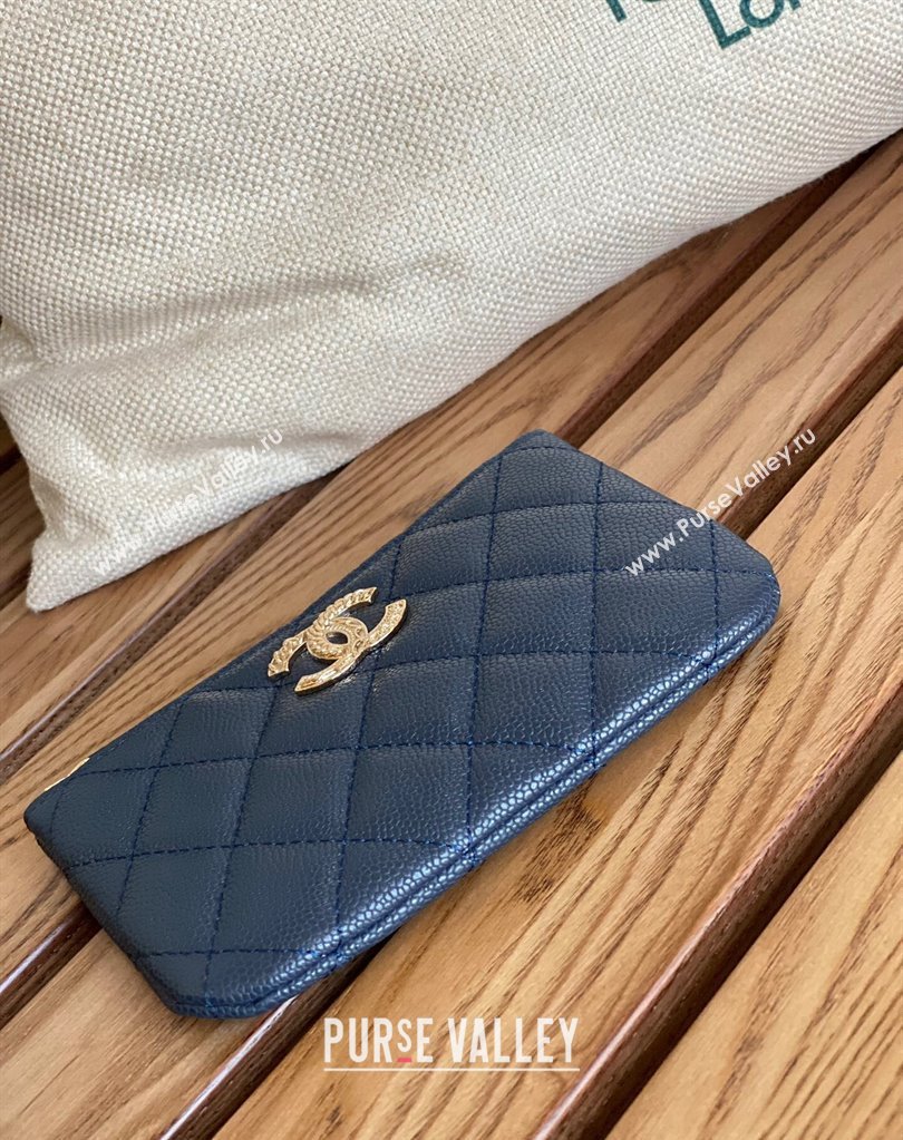 Chanel Gold-Tone Metal Logo Zip Card Holder AP3049 in Grained Calfskin Blue (keke-23101149)