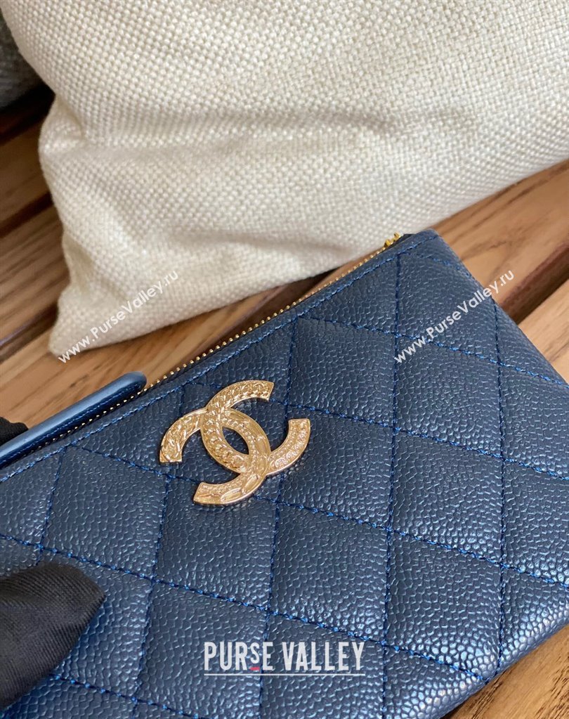 Chanel Gold-Tone Metal Logo Zip Card Holder AP3049 in Grained Calfskin Blue (keke-23101149)