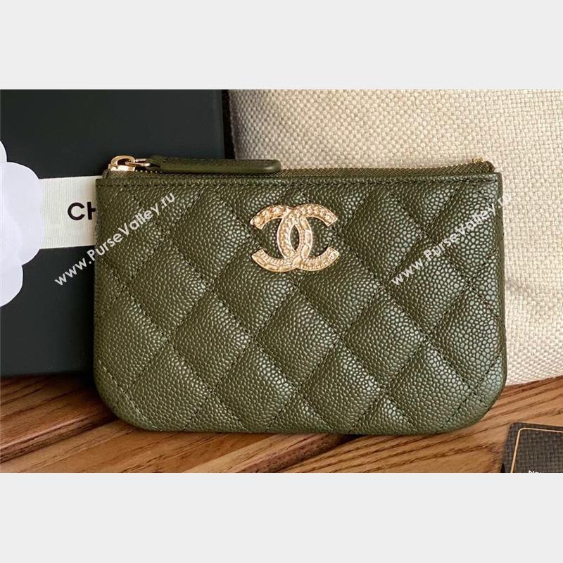 Chanel Gold-Tone Metal Logo Zip Card Holder AP3049 in Grained Calfskin Green (keke-23101148)