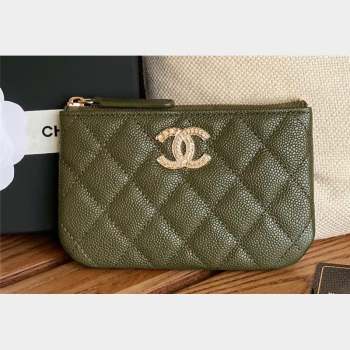 Chanel Gold-Tone Metal Logo Zip Card Holder AP3049 in Grained Calfskin Green (keke-23101148)