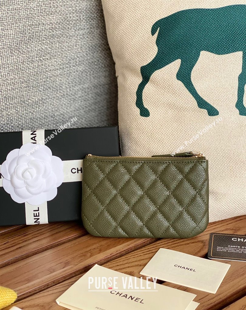 Chanel Gold-Tone Metal Logo Zip Card Holder AP3049 in Grained Calfskin Green (keke-23101148)