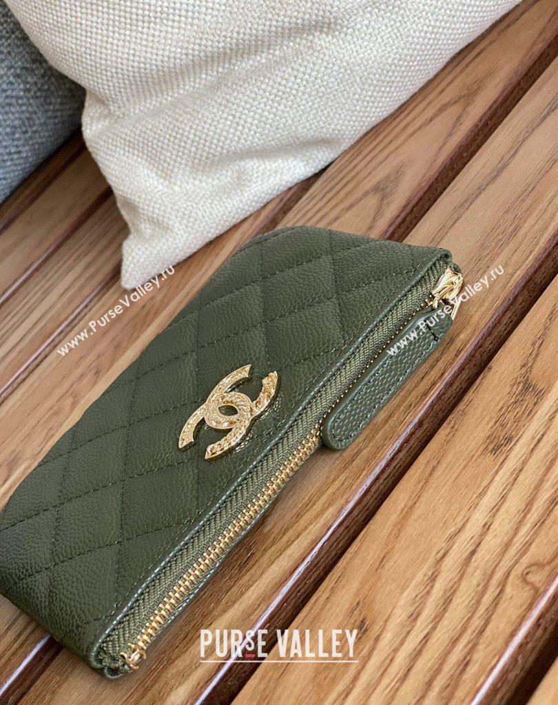 Chanel Gold-Tone Metal Logo Zip Card Holder AP3049 in Grained Calfskin Green (keke-23101148)