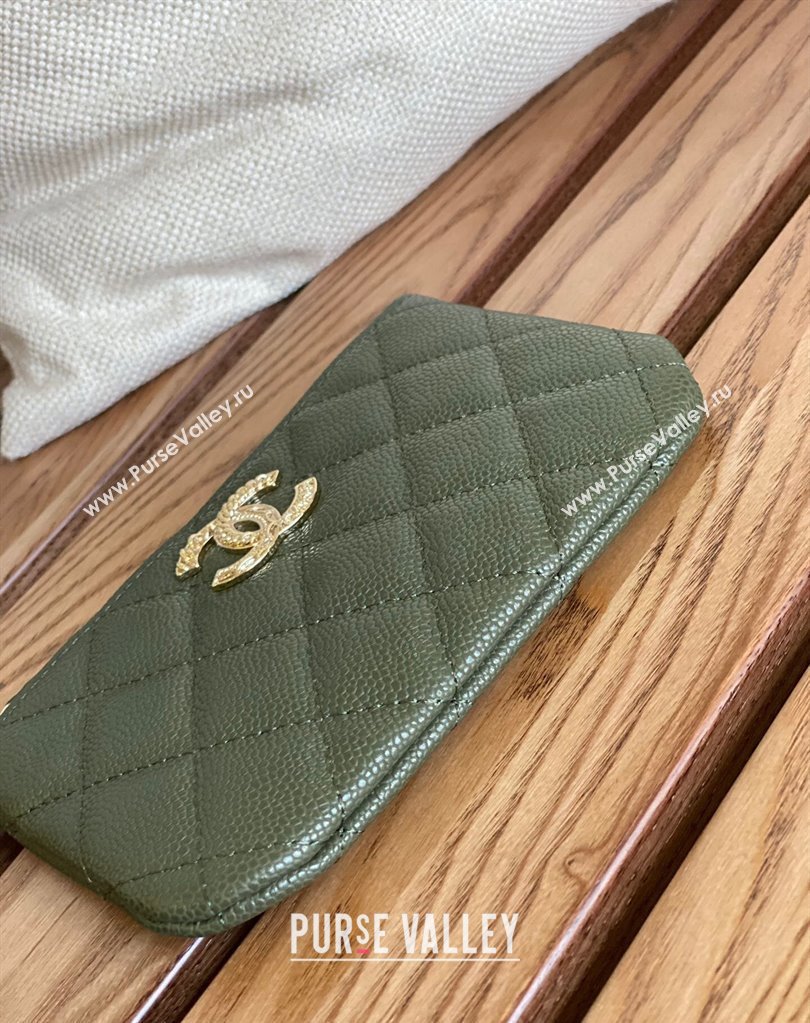Chanel Gold-Tone Metal Logo Zip Card Holder AP3049 in Grained Calfskin Green (keke-23101148)