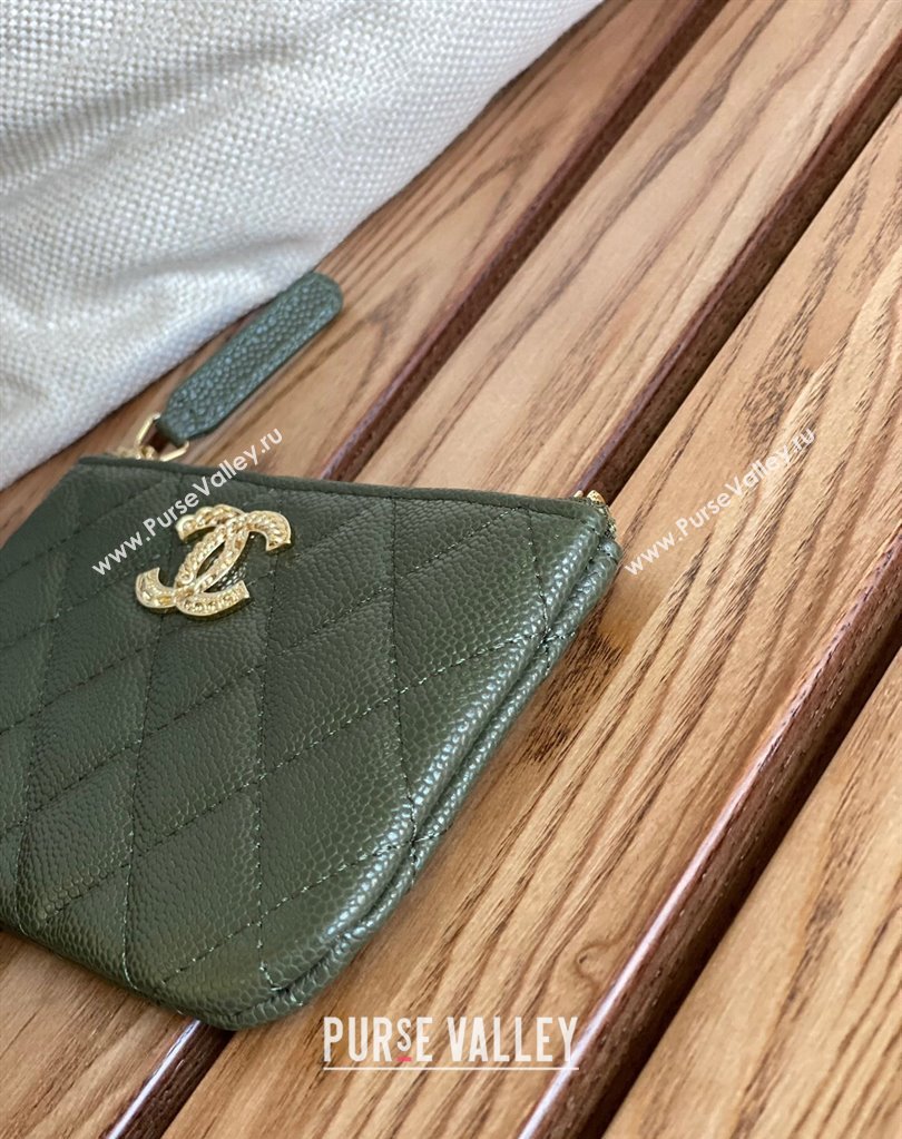 Chanel Gold-Tone Metal Logo Zip Card Holder AP3049 in Grained Calfskin Green (keke-23101148)