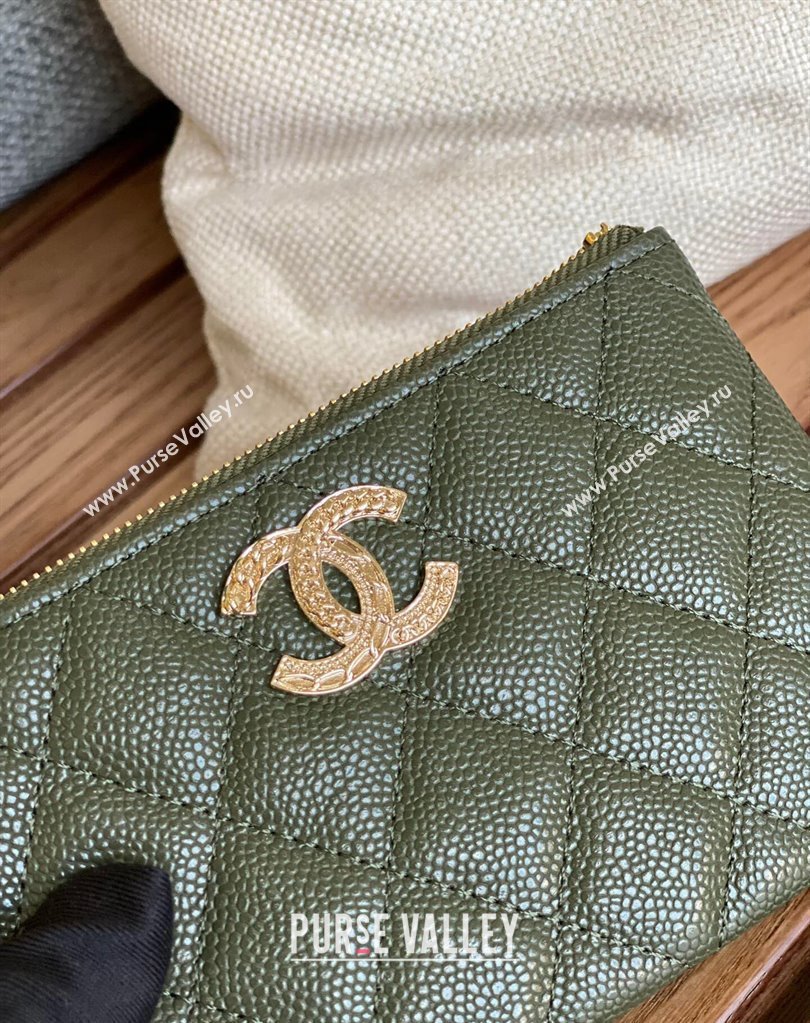 Chanel Gold-Tone Metal Logo Zip Card Holder AP3049 in Grained Calfskin Green (keke-23101148)