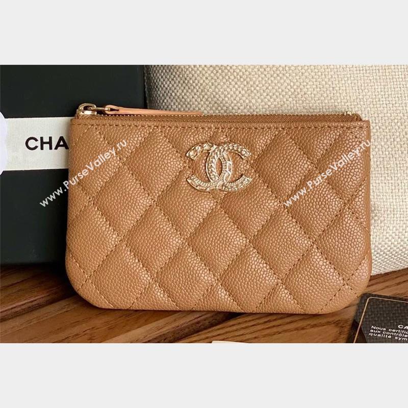 Chanel Gold-Tone Metal Logo Zip Card Holder AP3049 in Grained Calfskin Brown (keke-23101146)