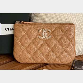 Chanel Gold-Tone Metal Logo Zip Card Holder AP3049 in Grained Calfskin Brown (keke-23101146)