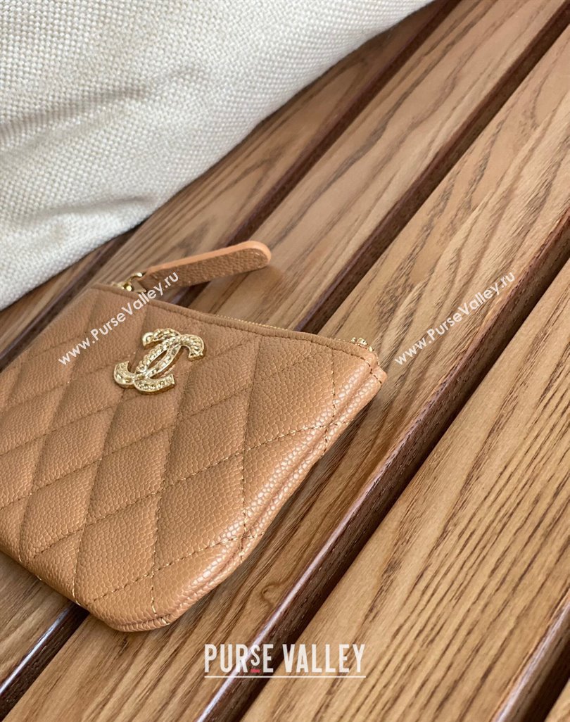 Chanel Gold-Tone Metal Logo Zip Card Holder AP3049 in Grained Calfskin Brown (keke-23101146)