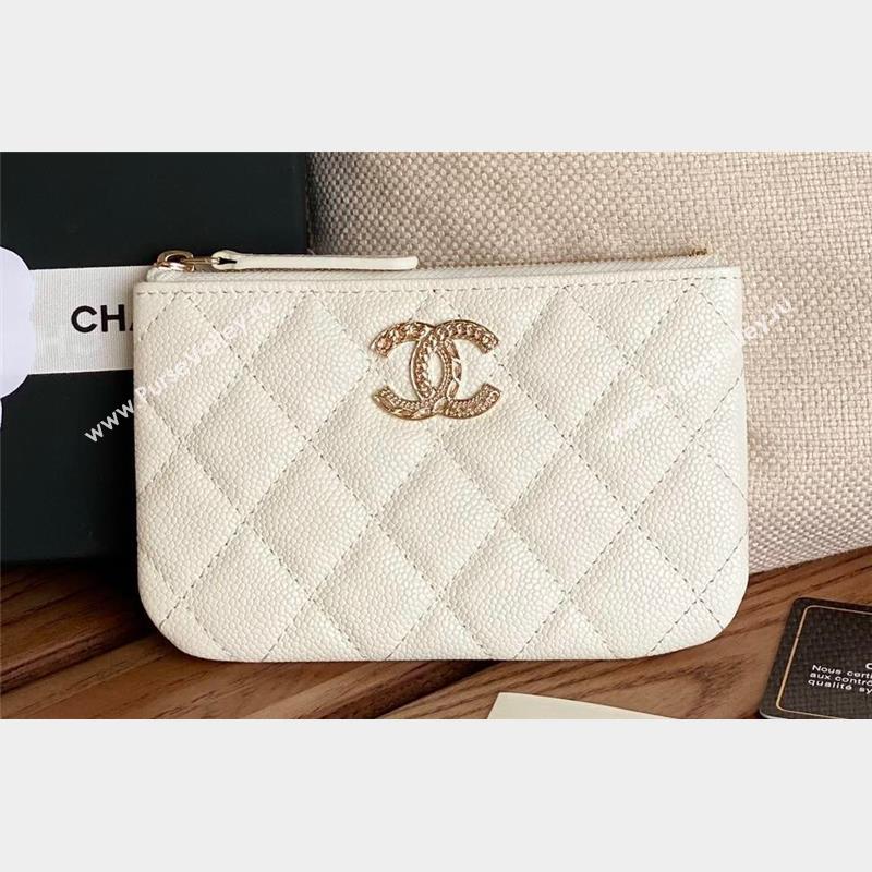 Chanel Gold-Tone Metal Logo Zip Card Holder AP3049 in Grained Calfskin White (keke-23101145)