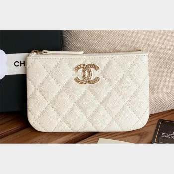 Chanel Gold-Tone Metal Logo Zip Card Holder AP3049 in Grained Calfskin White (keke-23101145)