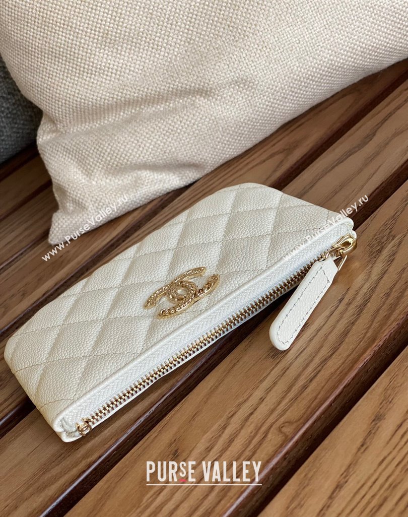 Chanel Gold-Tone Metal Logo Zip Card Holder AP3049 in Grained Calfskin White (keke-23101145)