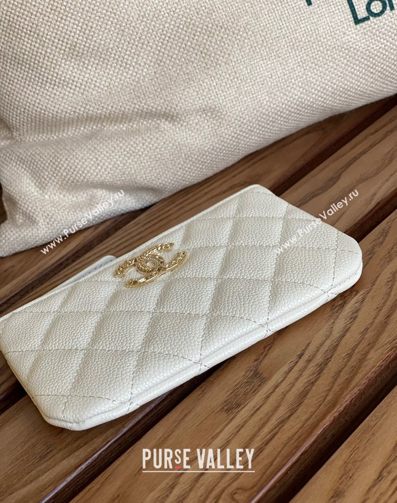 Chanel Gold-Tone Metal Logo Zip Card Holder AP3049 in Grained Calfskin White (keke-23101145)