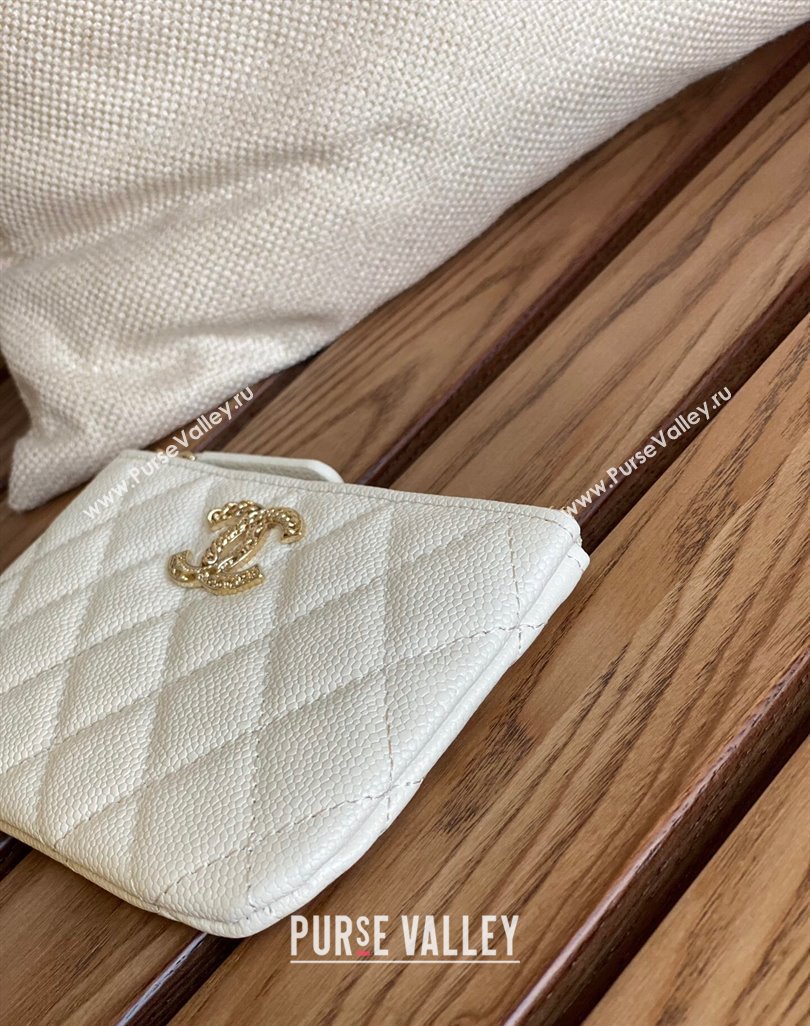 Chanel Gold-Tone Metal Logo Zip Card Holder AP3049 in Grained Calfskin White (keke-23101145)