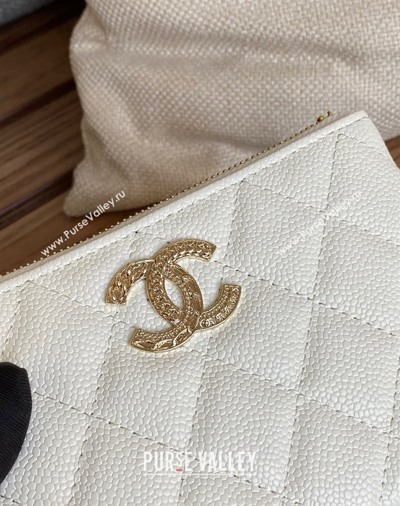 Chanel Gold-Tone Metal Logo Zip Card Holder AP3049 in Grained Calfskin White (keke-23101145)