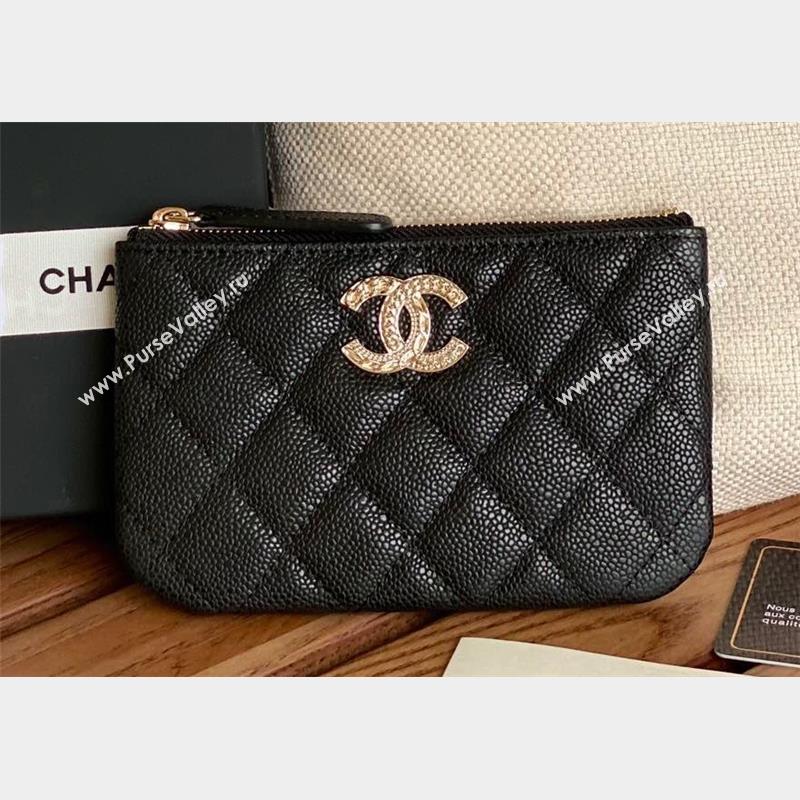 Chanel Gold-Tone Metal Logo Zip Card Holder AP3049 in Grained Calfskin Black (keke-23101144)