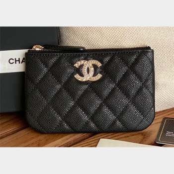 Chanel Gold-Tone Metal Logo Zip Card Holder AP3049 in Grained Calfskin Black (keke-23101144)