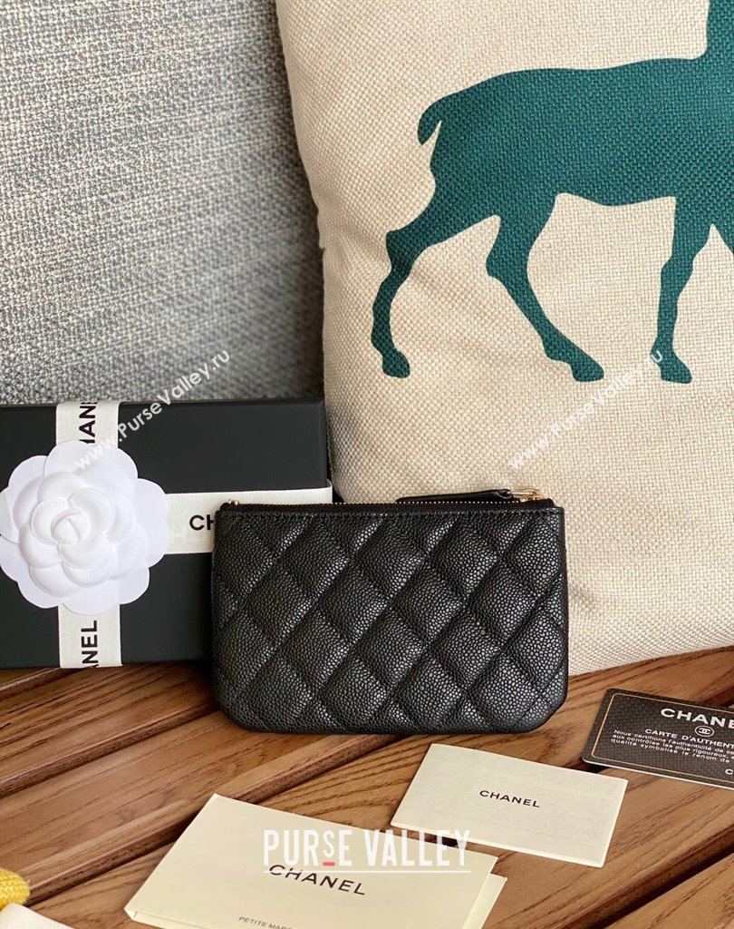 Chanel Gold-Tone Metal Logo Zip Card Holder AP3049 in Grained Calfskin Black (keke-23101144)