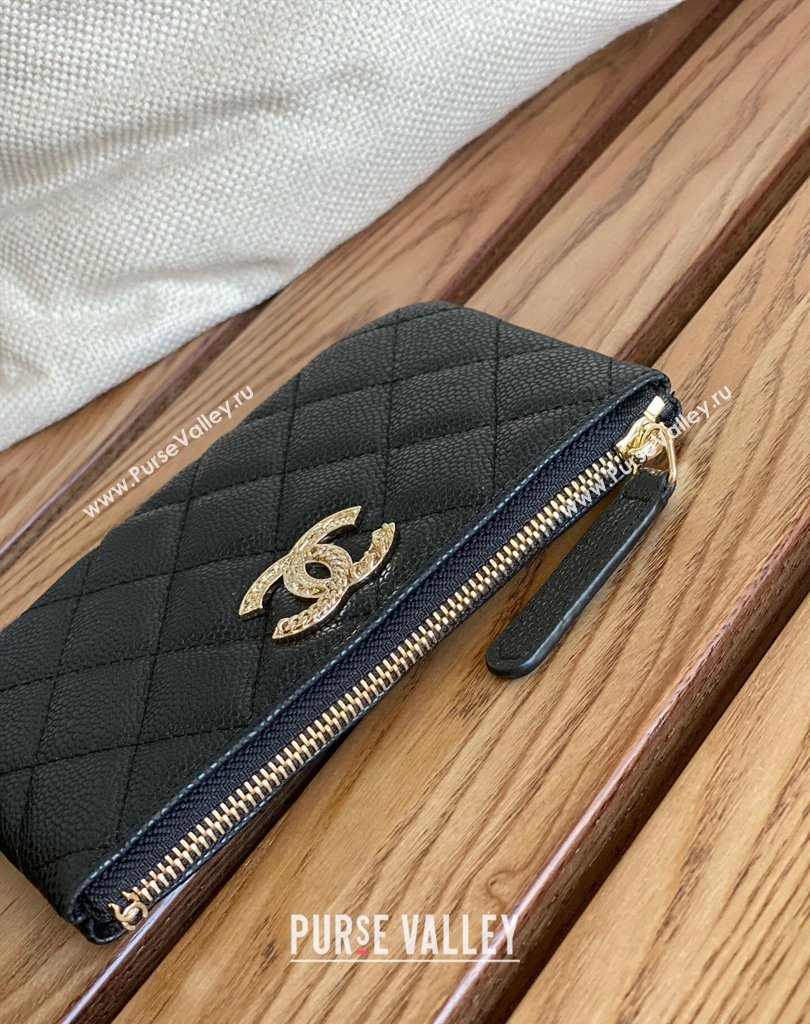 Chanel Gold-Tone Metal Logo Zip Card Holder AP3049 in Grained Calfskin Black (keke-23101144)